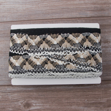 Мерсеризованное хлопковое кружево, 55 мм, цвет белый/бежевый/черный. Арт 1854/D6