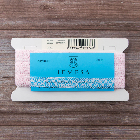 Мерсеризованное хлопковое кружево, 20 мм, цвет светло-розовый. Арт 2020/06