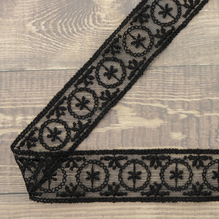 Кружево-вышивка на тюле, 33 мм, цвет черный, 100% полиэстер, 3,5 м. Арт T-2005.13