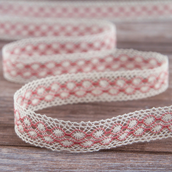 Мерсеризованное хлопковое кружево, 20 мм, цвет белый с серо-розовым. Арт 2020/Z5