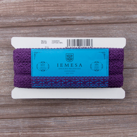 Мерсеризованное хлопковое кружево, 20 мм, цвет темно-лавандовый. Арт 3037/46                 