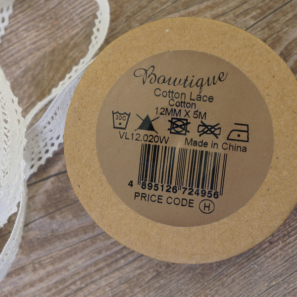 Кружево хлопковое на картонной катушке, цвет белый. Арт VL12.020W