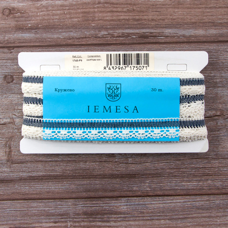 Мерсеризованное хлопковое кружево, 22 мм, цвет сливочный с синим. Арт 1745/F9