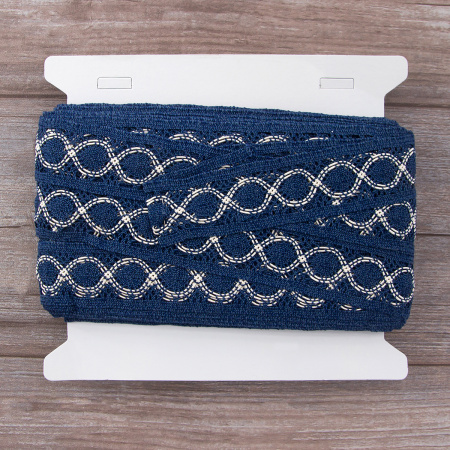 Мерсеризованное хлопковое кружево, 40 мм, цвет джинсовый синий с белым. Арт 2052/RH