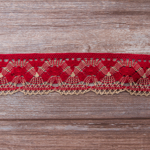 Мерсеризованное хлопковое кружево, 55 мм, цвет бордовый с бежевым. Арт 1854/R4
