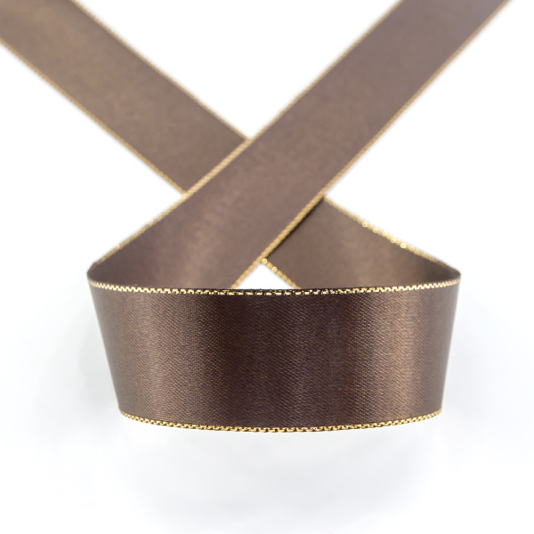 Лента атласная SAFISA с люрексным кантом по краям, 25 мм, 25 м, цвет 17, темно-коричневый. Арт 25190-25мм-17