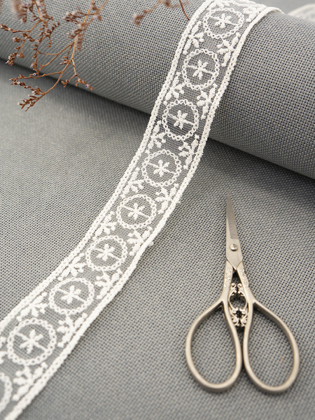 Кружево-вышивка на тюле, 33 мм, цвет молочный, 100% полиэстер, 3,5 м. Арт T-2005.112