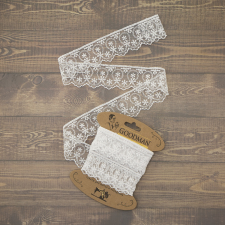 Кружево-вышивка на тюле, 45 мм, цвет белый, 100% полиэстер, 3,5 м. Арт T-1281.212