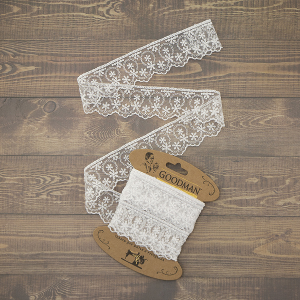 Кружево-вышивка на тюле, 45 мм, цвет белый, 100% полиэстер, 3,5 м. Арт T-1281.212