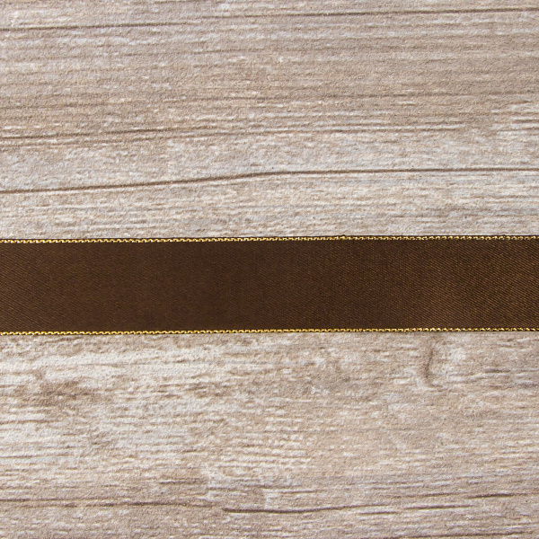 Лента атласная SAFISA с люрексным кантом по краям, 25 мм, 25 м, цвет 17, темно-коричневый. Арт 25190-25мм-17