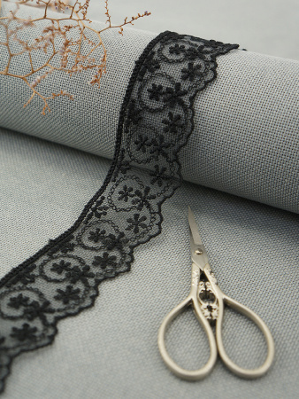 Кружево-вышивка на тюле, 45 мм, цвет черный, 100% полиэстер, 3,5 м. Арт T-1281.13