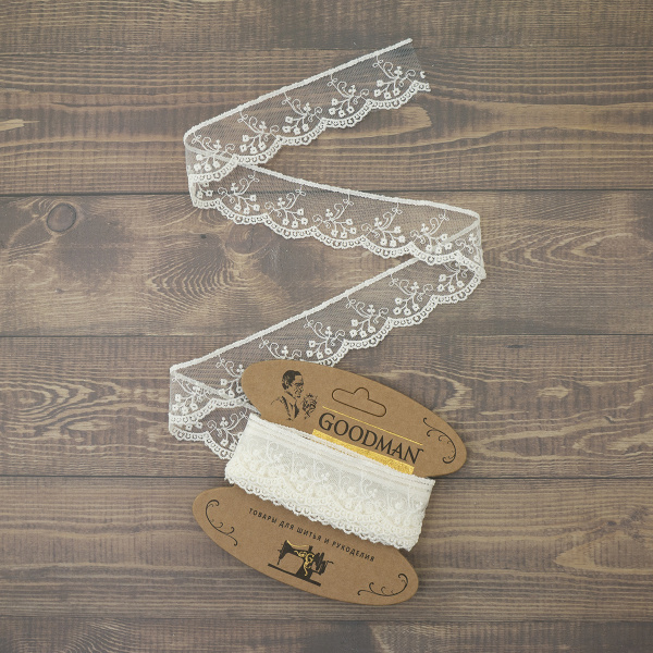 Кружево-вышивка на тюле, 32 мм, цвет молочный, 100% полиэстер, 3,5 м. Арт T-30115.112