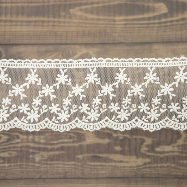 Кружево-вышивка на тюле, 65 мм, цвет молочный, 100% полиэстер, 4,5 м. Арт T-3005.112