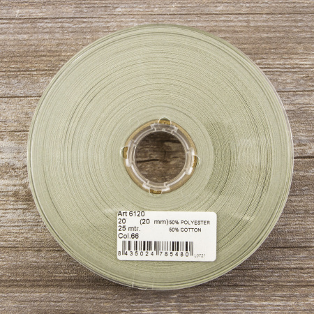 Косая бейка хлопок/полиэстер 20 мм, 25 м, цвет 66, серо-зеленый светлый. Арт 6120-20мм-66            