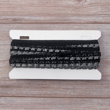 Мерсеризованное хлопковое кружево, 15 мм, цвет черный с серым. Арт 3247/R8                 