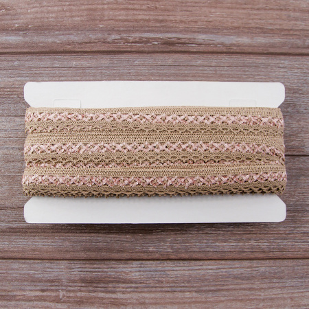 Мерсеризованное хлопковое кружево, 20 мм, цвет бежево-серый/розовый. Арт 1889/X5