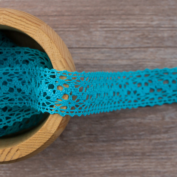 Мерсеризованное хлопковое кружево, 20 мм, цвет бирюзовый. Арт 3037/15                 