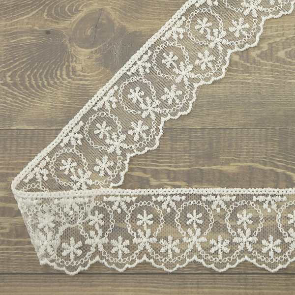 Кружево-вышивка на тюле, 45 мм, цвет молочный, 100% полиэстер, 3,5 м. Арт T-1281.112