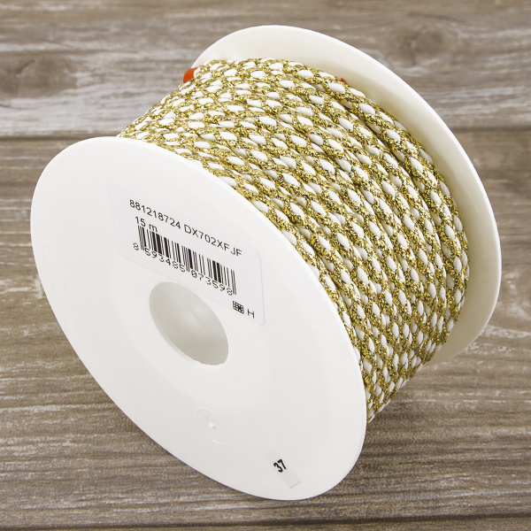 Шнур плетеный PEGA с люрексом, золото с белым, 7 мм, 15 м. Арт 881218724DX702