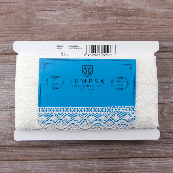 Мерсеризованное хлопковое кружево, 40 мм, белый. Арт 2141/01