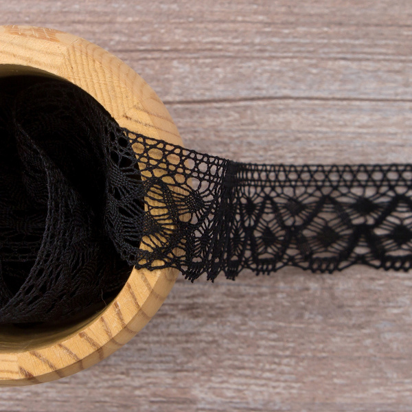 Мерсеризованное хлопковое кружево, 30 мм, цвет черный. Арт 2025/14