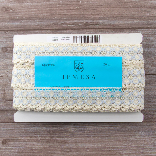 Мерсеризованное хлопковое кружево, 40 мм, цвет экрю с голубым. Арт 3680/98