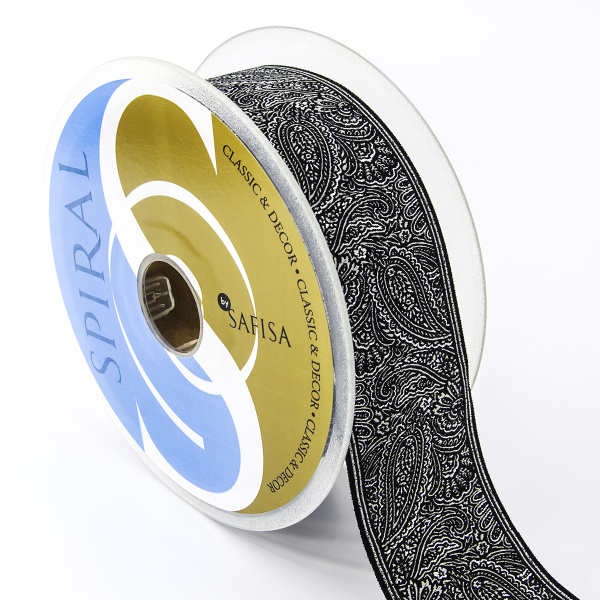 Лента жаккард с люрексом SAFISA, 50 мм, 15 м, цвет 102, черный/серебряный. Арт 9219-50мм-102