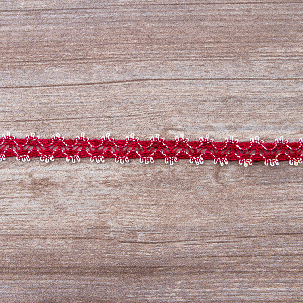 Мерсеризованное хлопковое кружево, 11 мм, цвет бордовый с белым. Арт 1084/G8