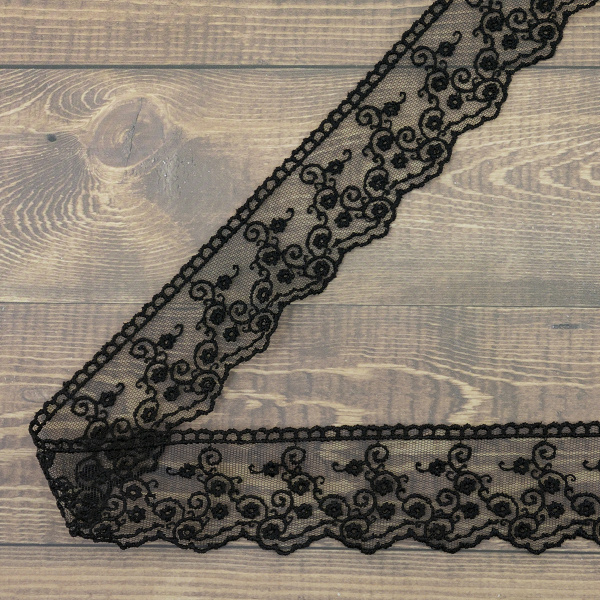 Кружево-вышивка на тюле, 42 мм, цвет черный, 100% полиэстер, 3,5 м. Арт T-2443.13