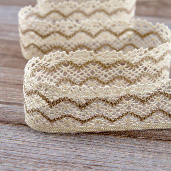 Мерсеризованное хлопковое кружево, 35 мм, цвет сливочный с бежевым. Арт 1880/R0