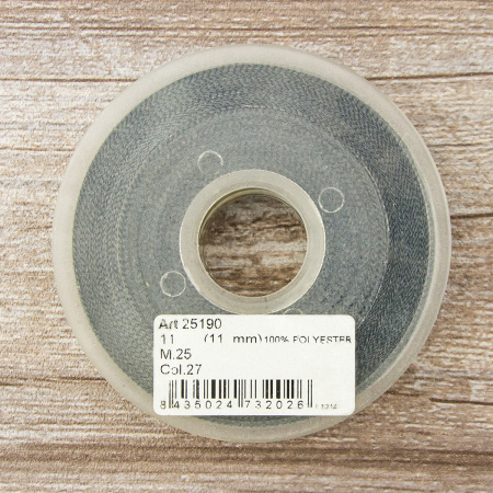 Лента атласная SAFISA с люрексным кантом по краям, 11 мм, 25 м, цвет 27, серый светлый. Арт 25190-11мм-27           