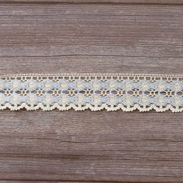 Мерсеризованное хлопковое кружево, 40 мм, цвет экрю с голубым. Арт 3680/98
