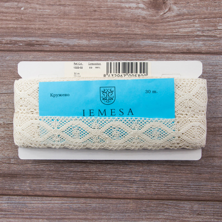 Мерсеризованное хлопковое кружево, 40 мм, цвет сливочный. Арт 1322/02                 