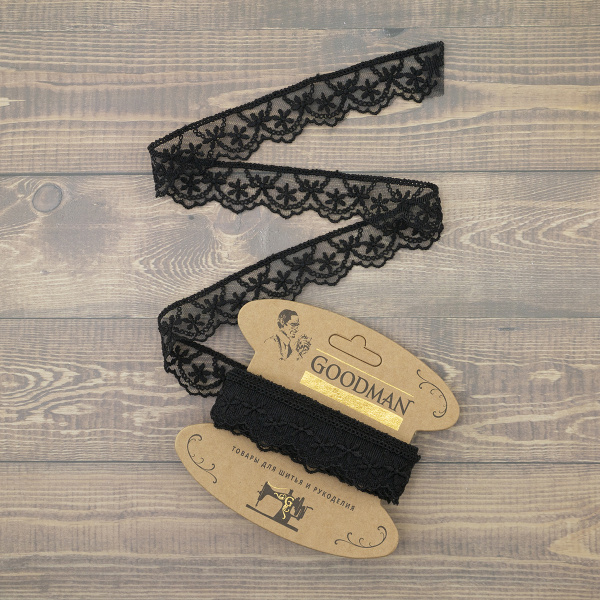 Кружево-вышивка на тюле, 28 мм, цвет черный, 100% полиэстер, 3,5 м. Арт T-1910.13