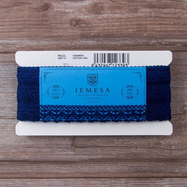 Мерсеризованное хлопковое кружево, 25 мм, цвет синий. Арт 3207/10                 