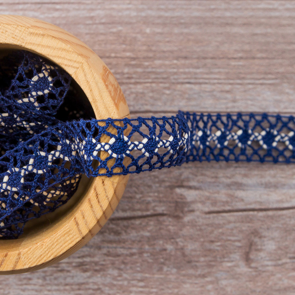 Мерсеризованное хлопковое кружево, 20 мм, цвет синий с молочно-белым. Арт 1825/J6                 