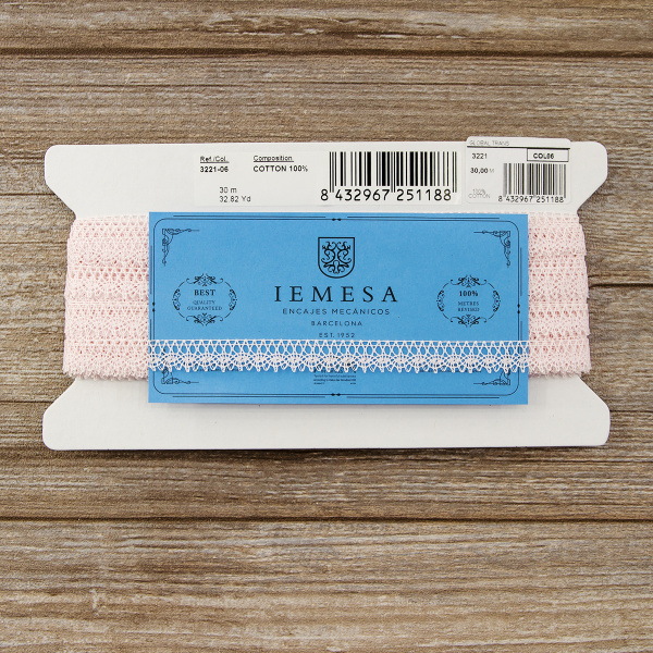 Мерсеризованное хлопковое кружево, 10 мм, цвет розовый. Арт 3221/06