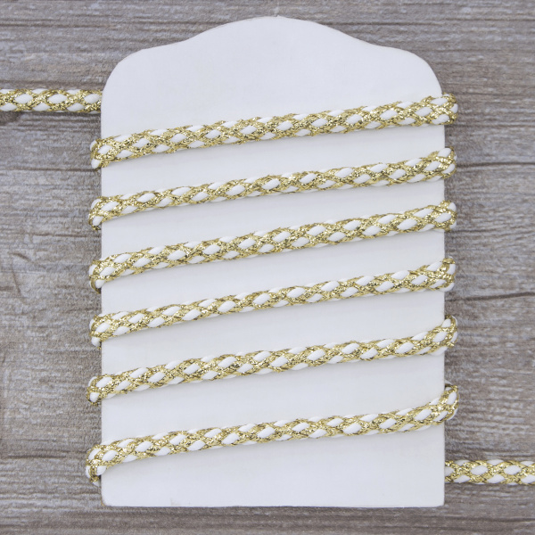 Шнур плетеный PEGA с люрексом, золото с белым, 7 мм, 15 м. Арт 881218724DX702