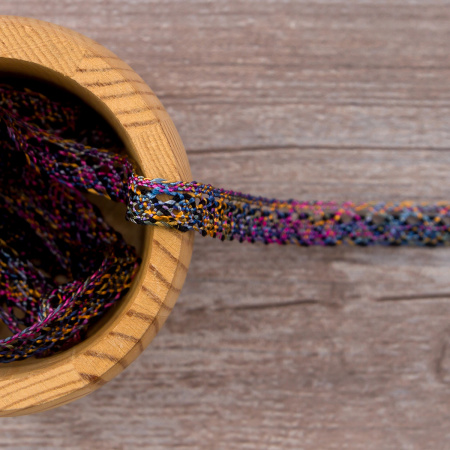 Мерсеризованное хлопковое кружево, 13 мм, цвет сиренево-серо-желто-розовый с черным. Арт 3155/A4