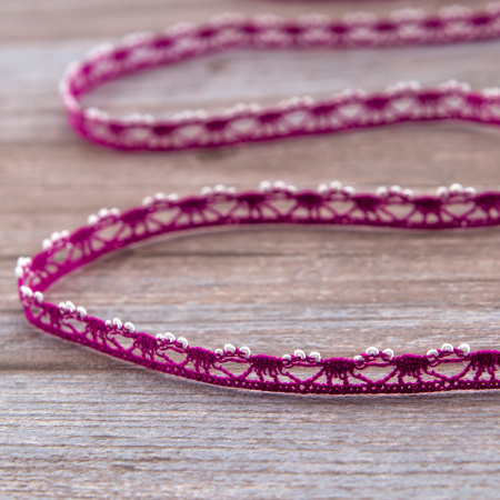 Мерсеризованное хлопковое кружево, 10 мм, цвет цикламеновый с белым. Арт 3480/G7