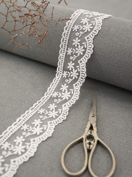 Кружево-вышивка на тюле, 40 мм, цвет белый, 100% полиэстер, 4,5 м. Арт T-3004.212