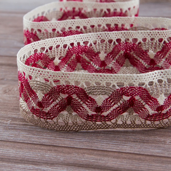 Мерсеризованное хлопковое кружево, 55 мм, цвет экрю/бежевый/бордо. Арт 1855/D4