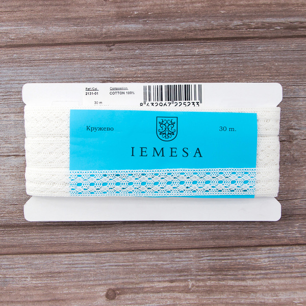 Мерсеризованное хлопковое кружево, 26 мм, белый. Арт 2131/01