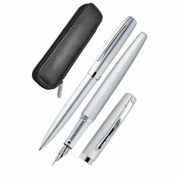 Набор ручек "Eleganza" в кожаном чехле, перьевая и шариковая, цвет корпуса серебристый. Арт 80949