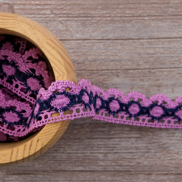 Мерсеризованное хлопковое кружево, 23 мм, цвет сиреневый/фиолетовый. Арт 3679/CK