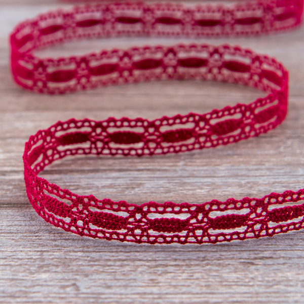 Мерсеризованное хлопковое кружево, 15 мм, цвет бургунд. Арт 1798/F1                 