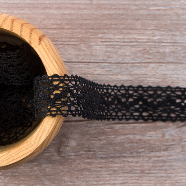 Мерсеризованное хлопковое кружево, 20 мм, цвет черный. Арт 3037/14                 