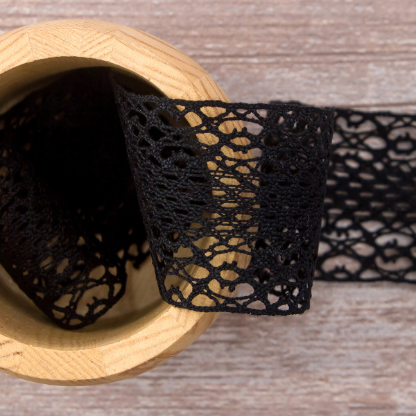 Мерсеризованное хлопковое кружево, 50 мм, цвет черный. Арт 3763/14                 