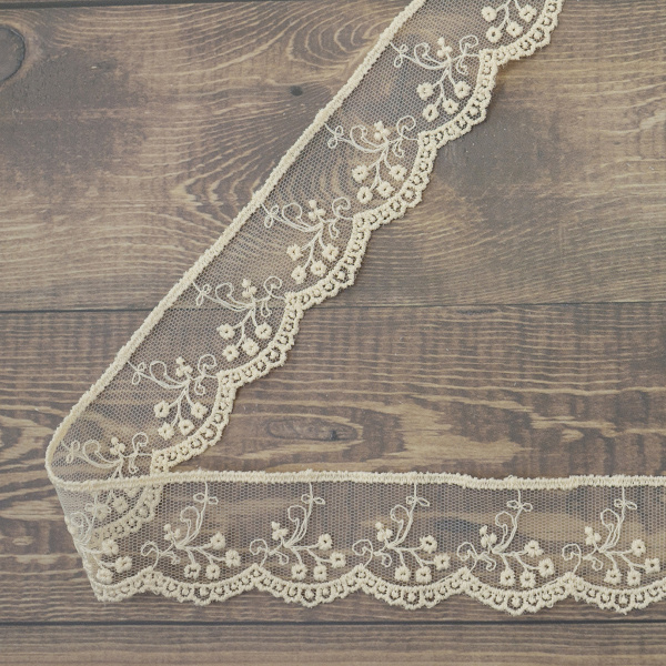 Кружево-вышивка на тюле, 32 мм, цвет бежевый, 100% полиэстер, 3,5 м. Арт T-30115.371