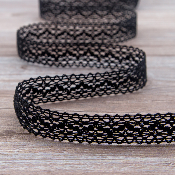 Мерсеризованное хлопковое кружево, 20 мм, цвет черный. Арт 3037/14                 